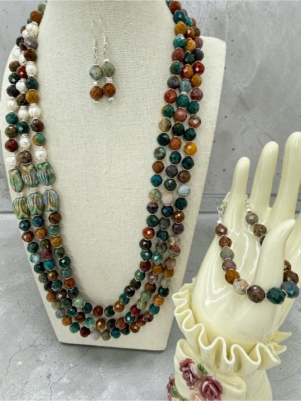 Artisan Multi Gemstone Pearl 3 Strand Necklace Bracelet Earring Set Pearls Czech
